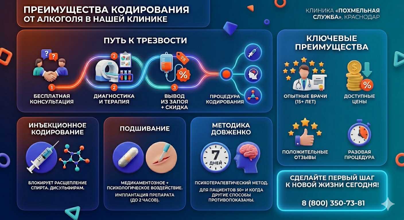 Инфографика о методах кодирования от алкоголя в Гомеле: инъекции, подшивание, метод Довженко. Преимущества клиники и этапы лечения.